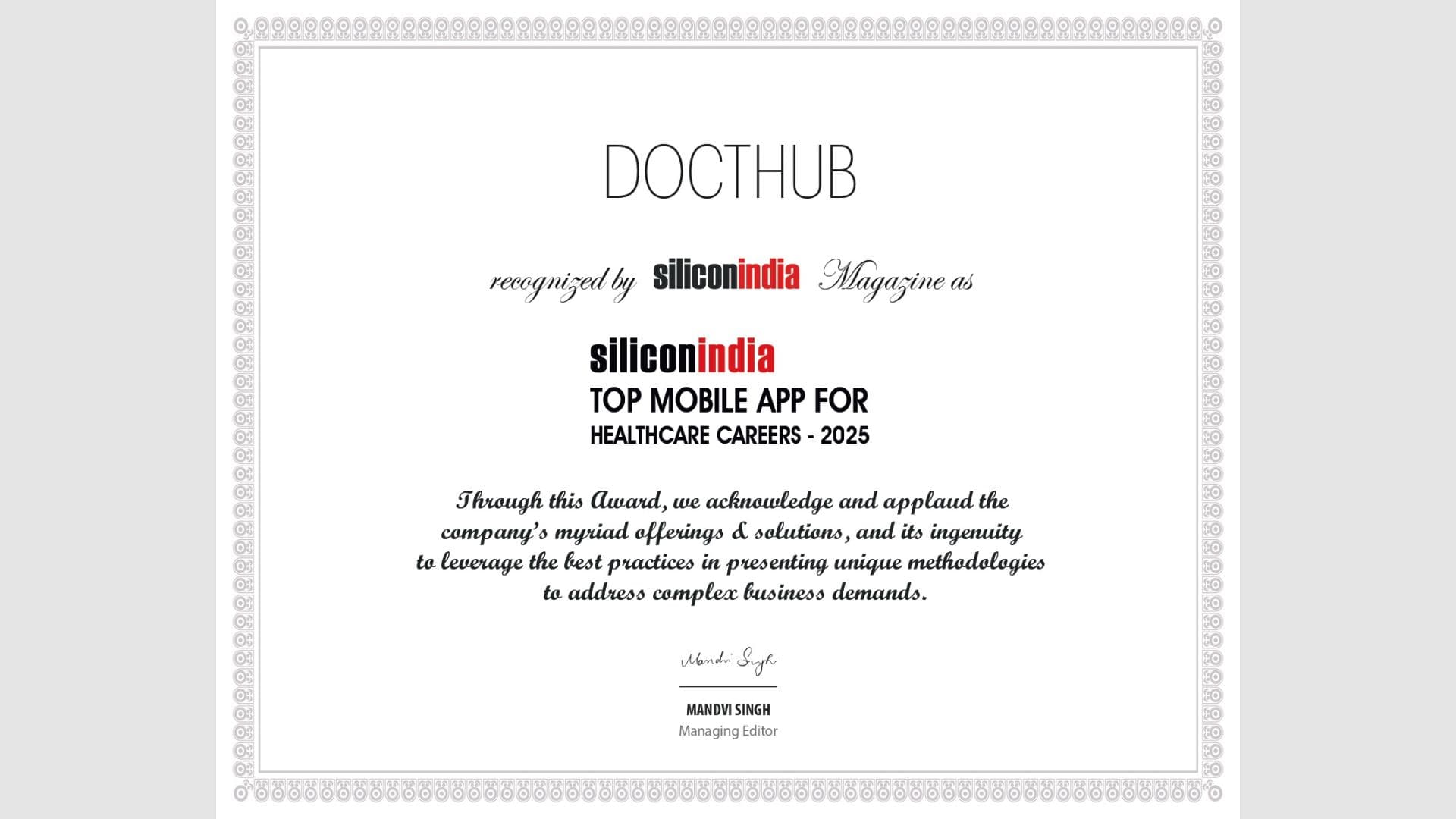 Silicon India recognised Docthub as Top Mobile App for Healthcare Careers